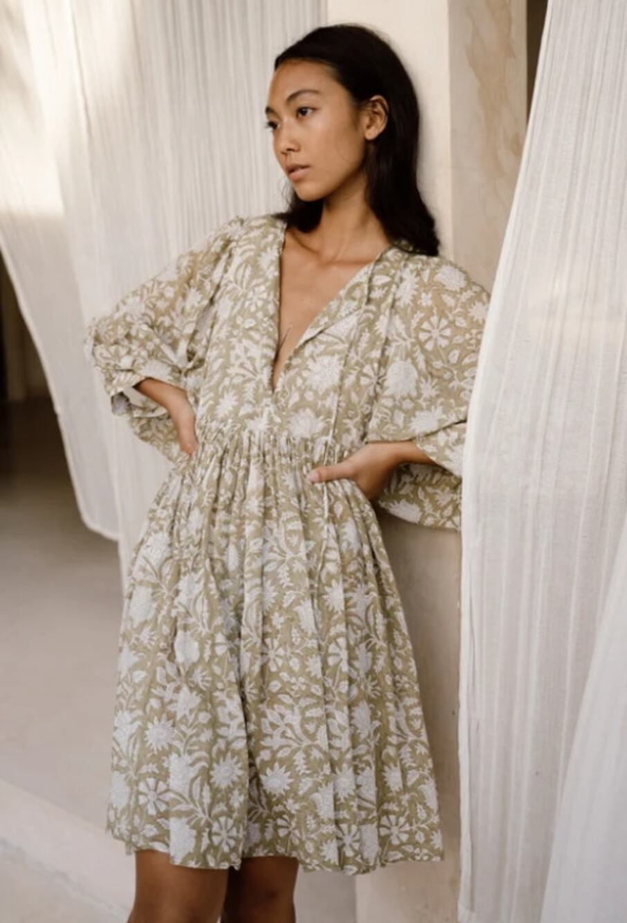 Daughters of India Kyra Mini Dress Olive Green Cotton Floral Print Women's M